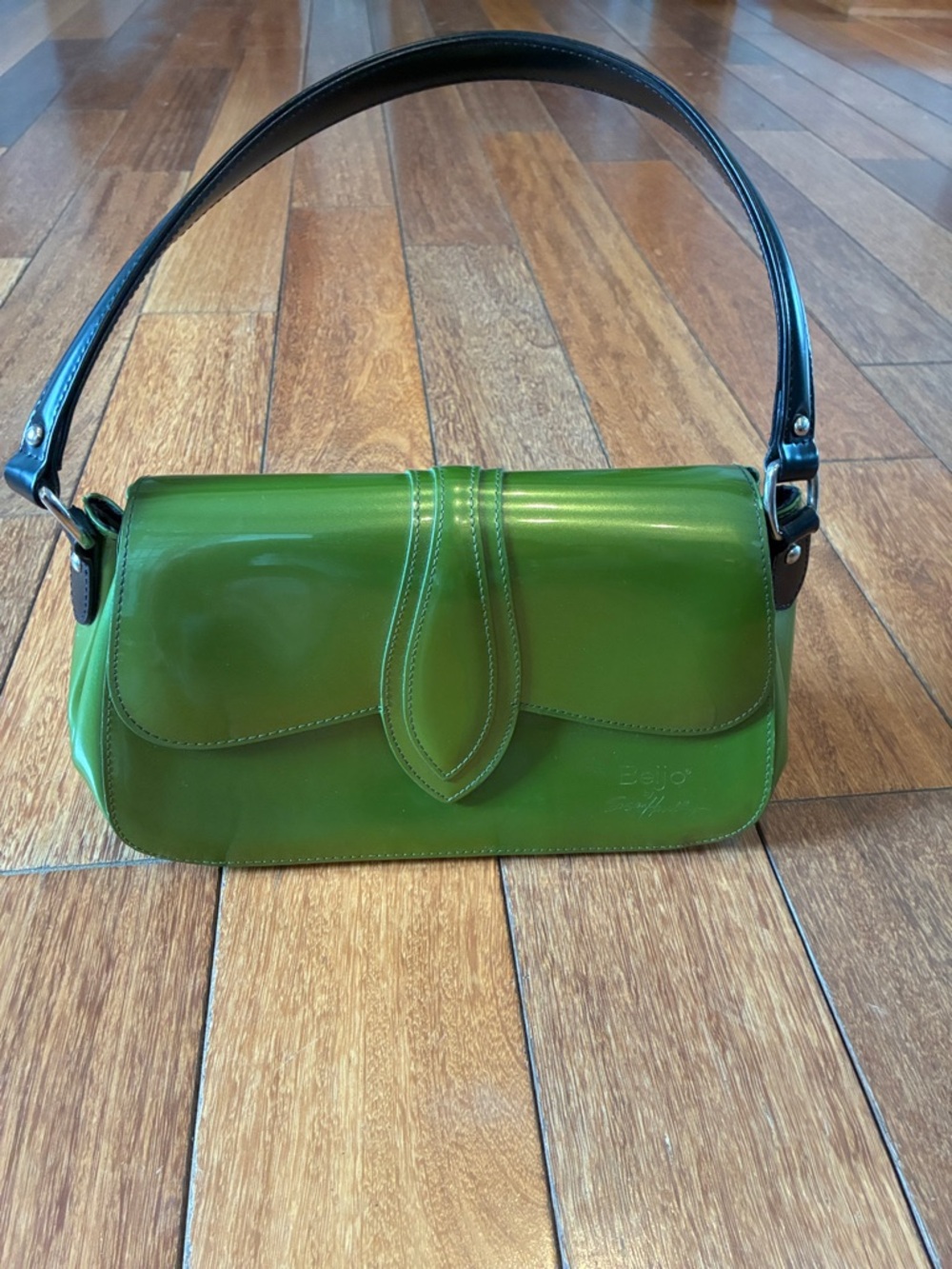 Beijo Green Patent Shoulder Bag with Black Strap